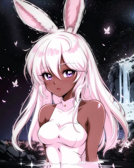 (viera:1.1), rabbit ears, dark skin, rabbit girl, white hair, detailed eyes, (looking at viewer:1.2), (sakura hot spring, outdoors:1.1), anthropomorphic, portrait, by greg rutkowski, 4k, digital art, highly detailed, cinematic lighting, vibrant colors, noah bradley, Beksinski, (floating petals:1.1), 1990s \(style\)
<lora:90s_Vibe-000005:0.5>