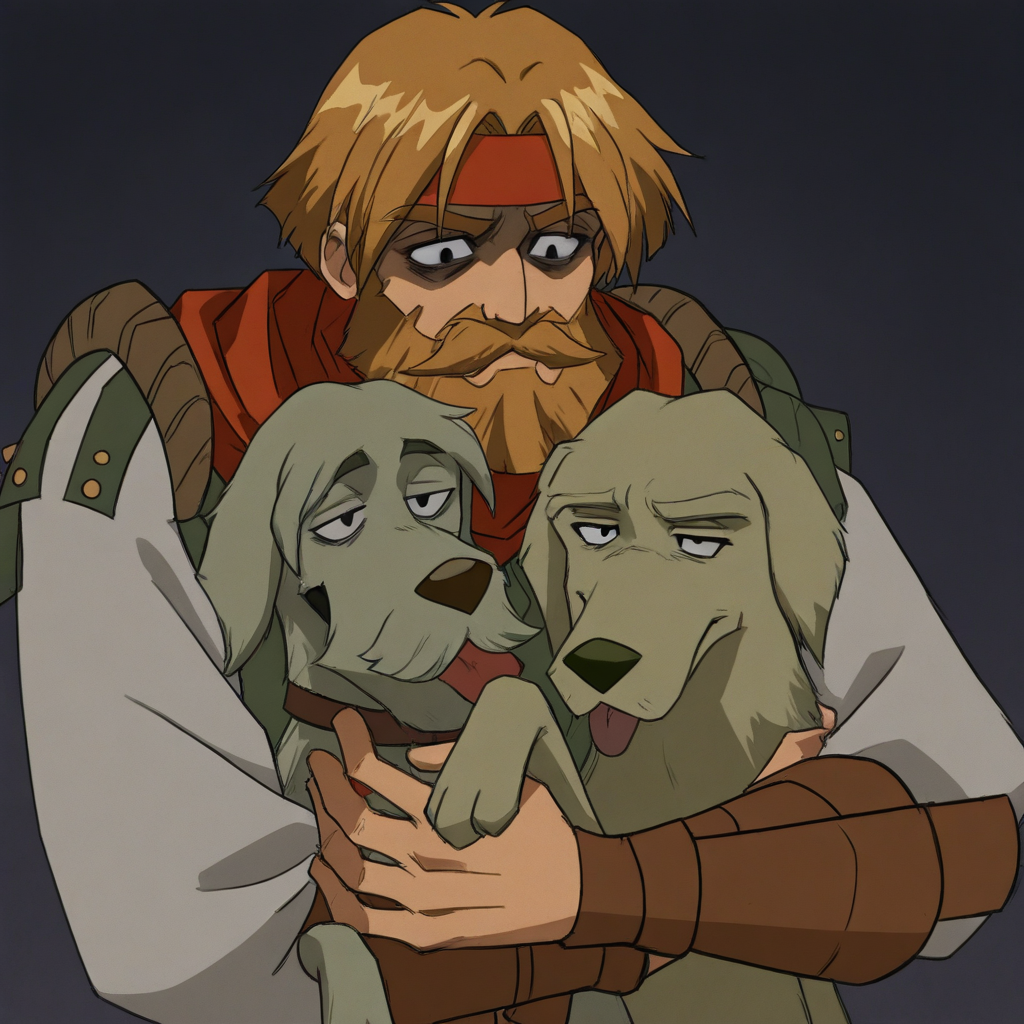 masterpiece, best quality, newest, absurdres, highres, vintage anime, 90s anime, DDstyle, official style, black eyes, shaded eyes, DDHM-V1.0, beard, facial hair, leather armor, dog, hound, mustache, headband, hugg, hugging, hugging dog, hugging pet, hugging animals