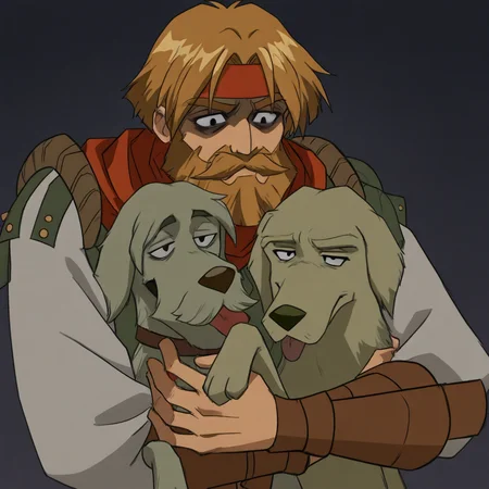 masterpiece, best quality, newest, absurdres, highres, vintage anime, 90s anime, DDstyle, official style, black eyes, shaded eyes, DDHM-V1.0, beard, facial hair, leather armor, dog, hound, mustache, headband, hugg, hugging, hugging dog, hugging pet, hugging animals