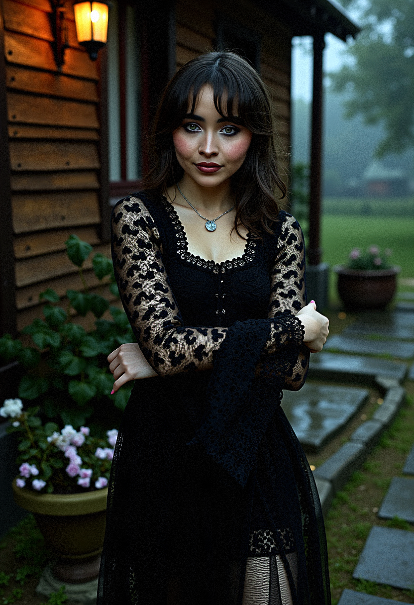 
Extremely photorealistic photography of A Gothic woman sabcarp with dark tones and intricate details, dressed in a bohemian crochet dress with voluminous bell sleeves. The outside rustic wooden house setting is illuminated by dramatic, high-contrast lighting, creating a moody, mysterious atmosphere. Black flowers and wilted blooms add to the textured, haunting beauty of the scene.

Incorporate subtle rain effects with droplets and reflections for a more dynamic scene.Simulate wet surfaces  on the ground or buildings for added realism, especially under streetlights.



She crosses one arm across her body, resting her hand on her opposite shoulder.




