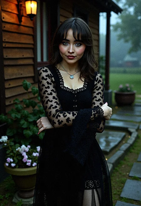 
Extremely photorealistic photography of A Gothic woman sabcarp with dark tones and intricate details, dressed in a bohemian crochet dress with voluminous bell sleeves. The outside rustic wooden house setting is illuminated by dramatic, high-contrast lighting, creating a moody, mysterious atmosphere. Black flowers and wilted blooms add to the textured, haunting beauty of the scene.

Incorporate subtle rain effects with droplets and reflections for a more dynamic scene.Simulate wet surfaces  on the ground or buildings for added realism, especially under streetlights.



She crosses one arm across her body, resting her hand on her opposite shoulder.




