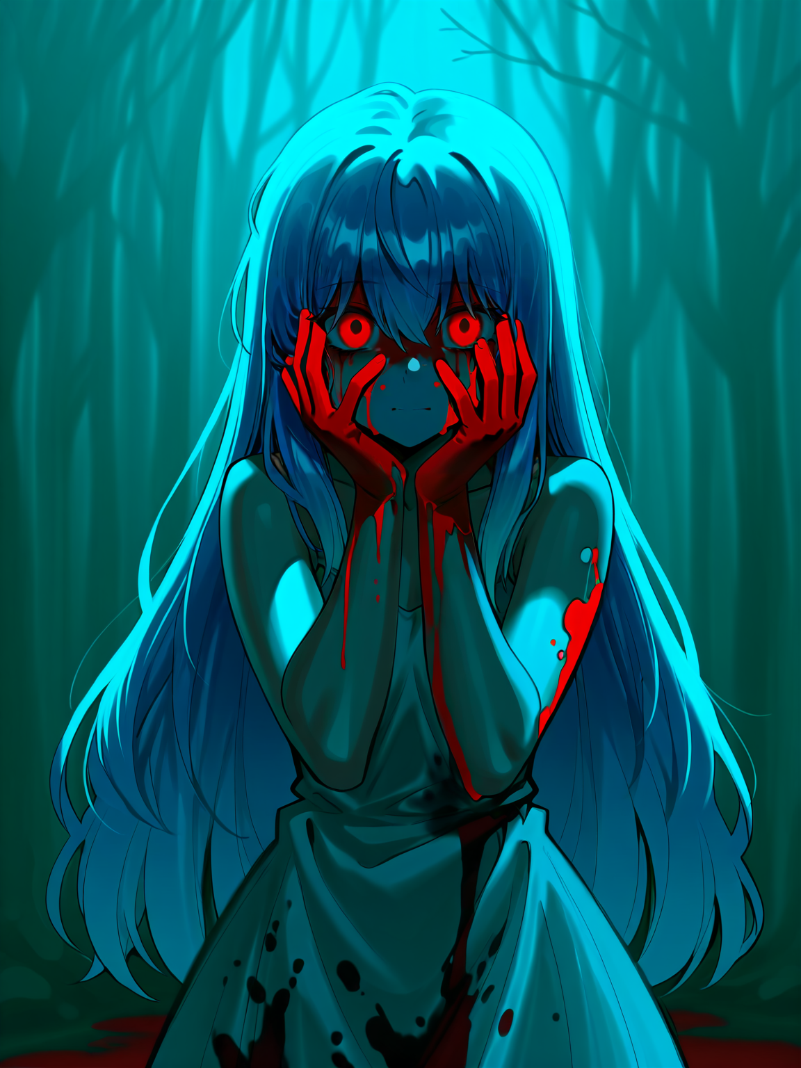 1girl blood blood_in_hair blood_on_clothes blood_on_face blue_hair dress empty_eyes glowing glowing_eyes grey_dress hands_on_own_cheeks hands_on_own_face long_hair red_eyes solo
, <lora:kairunoburoguIL:1>, masterpiece, best quality, amazing quality,