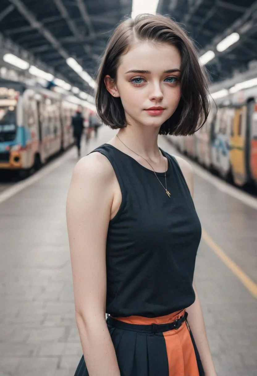 (Flat chest:1.1), young, 18y, (cute:1.3), skinny, tiny waist, dynamic pose, cuteness overload,
incredibly detailed masterpiece, color contrast, well defined face with interesting features, hyperrealistic, wearing unique fitting aesthetic clothes, vivid colors on accessories and matching outfit, complex patterns in eyes resembling the universe, motion and action in background, leading lines and visual cues directing attention to mouth, image split to rule of thirds,
spiky bald hairstyle, short hair, pale skin, 1girl, jet black hair, ((hair cut super short,)), smile, teeth, lips, side cut hairstyle,