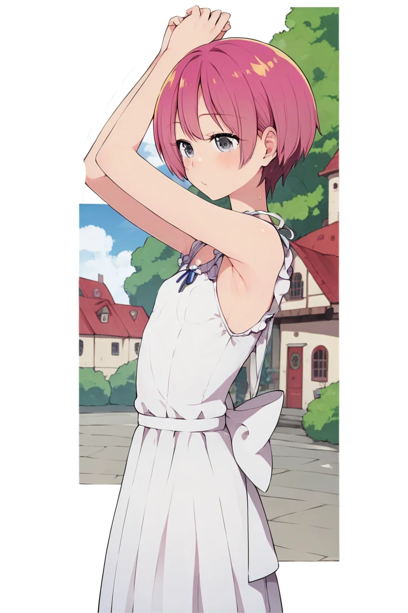 score_9, score_8_up, score_7_up, source_anime , 1girl ,  intricate details, highly detailed background, intricate details, highly detailed background, masterpiece, high quality, prefect hands, best quality,  masterpiece, high quality, prefect hands, best quality , small breast , blush , outdoor ,  town , standing   ,  solo  , 
   , <lora:DetailedEyes_V3:1> <lora:tweak-detail-xl:1>  
,MizukiPN , 1girl , gray eyes , pink hair , short hair , small breast ,   <lora:Suzushiro_Mizuki_Boku_Girl:1> , white dresses , sleeveless , sundresses , armpits ,