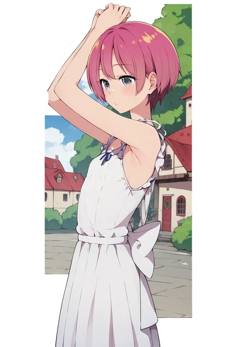 score_9, score_8_up, score_7_up, source_anime , 1girl , intricate details, highly detailed background, intricate details, highly detailed background, masterpiece, high quality, prefect hands, best quality, masterpiece, high quality, prefect hands, best quality , small breast , blush , outdoor , town , standing , solo ,
, <lora:DetailedEyes_V3:1> <lora:tweak-detail-xl:1>
,MizukiPN , 1girl , gray eyes , pink hair , short hair , small breast , <lora:Suzushiro_Mizuki_Boku_Girl:1> , white dresses , sleeveless , sundresses , armpits ,