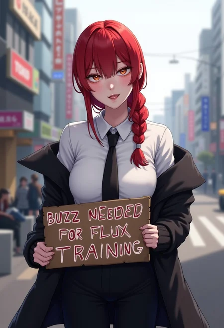 makima, woman, collared shirt, white shirt, black pants, black necktie, red hair , sidelocks, single braid, evil smile, evil, outdoors, city, tokyo, crossed arms, black coat, miss makima from chainsaw man holding a sign saying buzz needed for flux training