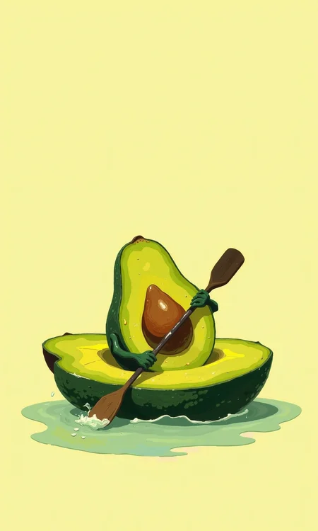 A stylized illustration of an avocado paddling a small boat or raft.
The avocado, in a cartoonish style, is positioned in a boat-like shape formed by the cut surface of another avocado, with the pit of the avocado centrally situated.
The avocado pit is a rich, dark brownish-green, and the boat-like avocado sections are bright, lime-green, showing some slight variations of shading and texture, hinting at the skin's structure.
A dark-colored, simple oar or paddle extends from the upper left side and from the lower right, indicating the avocado is propelling itself, sitting in a body of water. The water is depicted by a pale, slightly diffused yellowish shade that creates a background for the avocado.
The background is a solid, pale yellow that contrasts with the avocado. The overall style of the illustration is simple and colourful, with a playful and humorous feel.
<lora:FLUX-daubrez-DB4RZ-v2:1> DB4RZ, DB4RZ style painting
