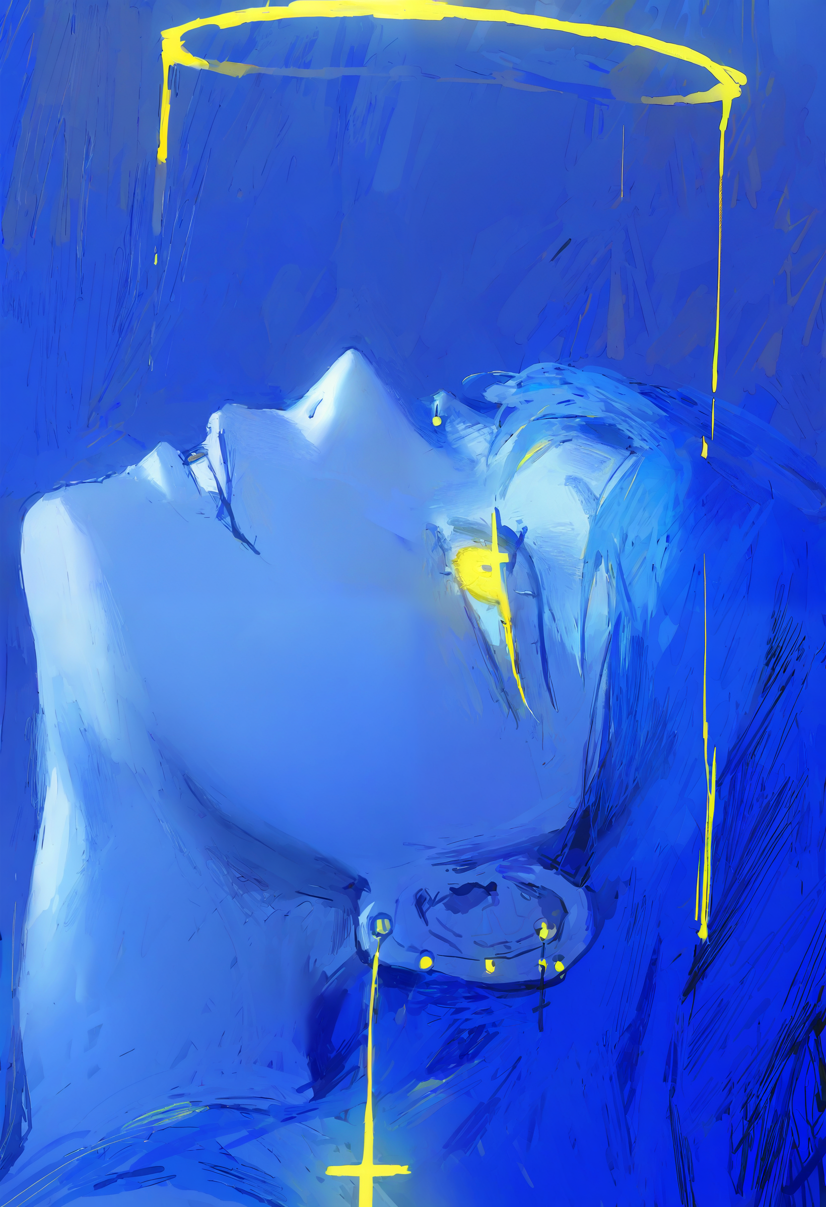 <lora:bGV0c2ZpbmFsYW5zd2Vy-noobaiXLNAIXL_epsilonPred_V110_V1-CAME>, bGV0, 1girl, solo, halo, earrings, cross earrings, yellow eyes, jewelry, cross, glowing, long hair, parted lips, glowing eyes, blue hair, blue theme, portrait, looking up, painterly, smile, ear piercing, blue background, piercing, abstract
