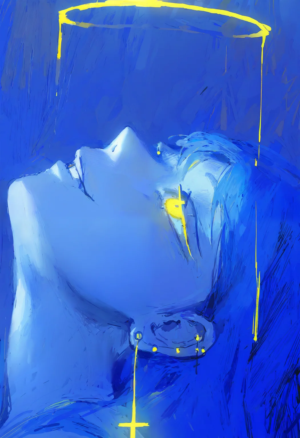 <lora:bGV0c2ZpbmFsYW5zd2Vy-noobaiXLNAIXL_epsilonPred_V110_V1-CAME>, bGV0, 1girl, solo, halo, earrings, cross earrings, yellow eyes, jewelry, cross, glowing, long hair, parted lips, glowing eyes, blue hair, blue theme, portrait, looking up, painterly, smile, ear piercing, blue background, piercing, abstract