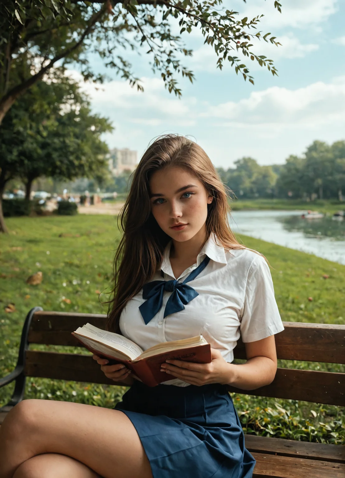 score_9, score_8_up, score_7_up, embedding:CyberRealisticPony_POSV1, embedding:zPDXL3, instagram model, cute, (retro, vintage:1.1)
1girl, chestnut brown hair, long hair, eyeliner, blue eyes, large natural breasts, school_uniform, navy blue skirt, white dress shirt, crossed legs, books, outdoors, park bench, golden hour, sunray, looking at viewer, sideways glance, reading, igbaddie