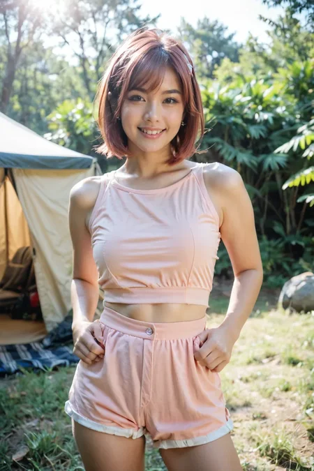 [realistic lighting], [photo], [photorealistic], [score_9, score_8_up, score_7_up, score_6_up, score_5_up, score_4_up], woman, 25 yo, with her hands around her waist, haruno sakura, cosplayer,  asian, japanese, ((camp)), with short hair and smiling eyes, portrait