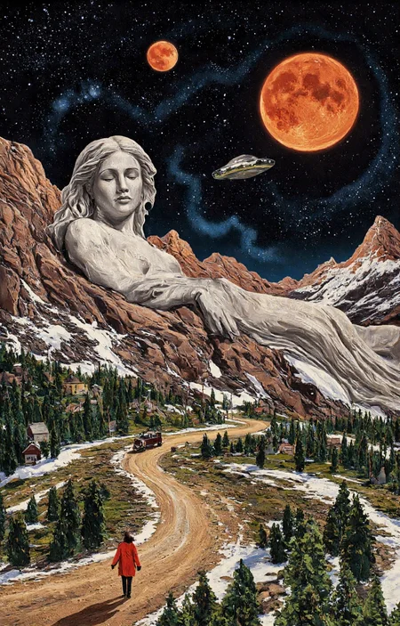 artwork in a surrealistic style, blending elements of classical sculpture, science fiction, and natural landscapes. Dominating the foreground is a large, classical statue of a serene, marble-faced woman, possibly the Greek goddess of peace, with flowing, wavy hair and closed eyes, lying on a rocky outcrop. Her serene expression contrasts with the surrounding environment. The background features a vast, star-studded night sky with two UFOs floating in the distance, their metallic, disc-like shapes reflecting the stars.To the right of the statue, a large, vividly red moon is prominently visible, its surface textured with craters and a reddish hue. To the left, a smaller, more detailed moon with a lighter, orange-red tone is also visible. The foreground is a rocky, mountainous landscape with patches of snow, and a winding, dirt road cuts through the middle. A few small, distant buildings and vehicles are scattered along the road, adding a sense of scale to the scene. In the lower left corner, a person in a bright red coat stands, gazing up at the moon and UFOs, adding a human element to the surreal composition. The overall mood is a blend of tranquility and mystery.,aidmaimageupgrader, aidmaMJ6.1 <lora:aidmaMJ6.1-FLUX-v0.5:0.7> <lora:aidmaImageUprader-FLUX-v0.3:0.4>