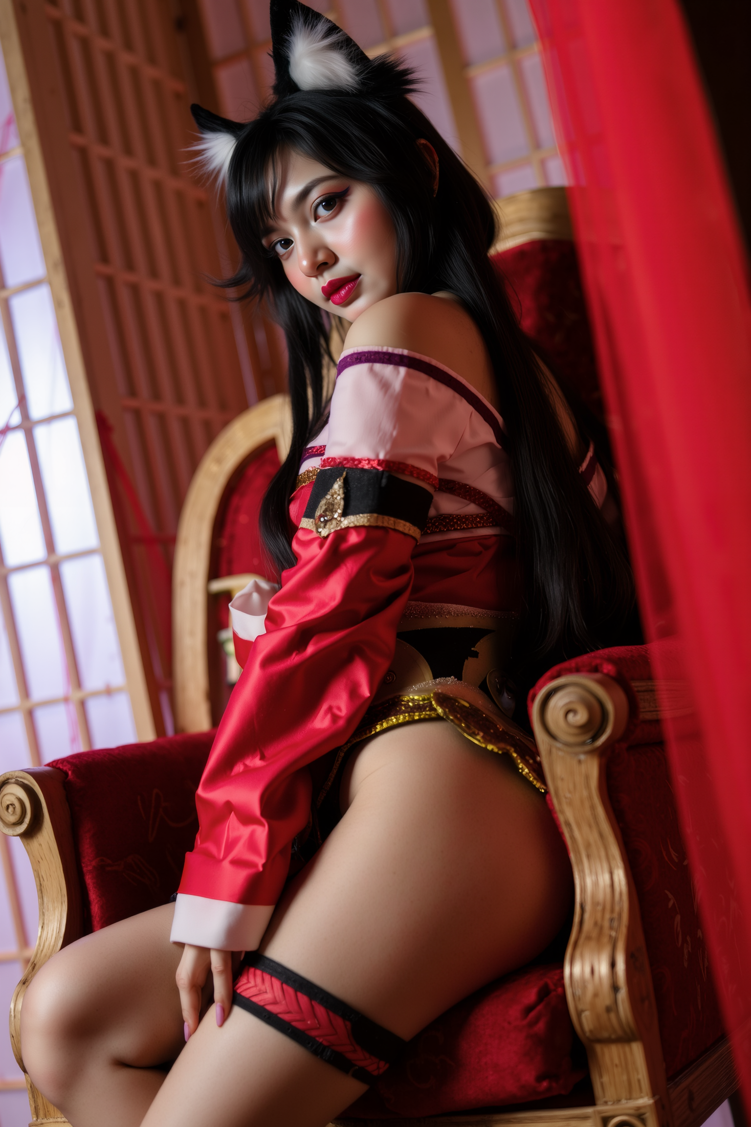A professional, high-resolution image of a young woman is posed in a confident seated position on an ornate gold and light brown throne-like chair. They're seated with one leg extended forward, creating a dynamic line that draws the eye through the composition. The pose features a slight turn of the upper body toward the camera while maintaining an elegant S-curve silhouette.

She is wearing a red SGWN70Clothing with ears. Her makeup is dramatic, with dark eyeliner and bold, glossy pink lips. 

The lighting features a high-contrast, monochromatic white color scheme that creates a moody, intimate atmosphere. 

The photography technique uses what appears to be soft lighting to create a glamorous effect, with careful attention to highlighting contours while maintaining the dominant light brown color scheme throughout the frame.

The overall aesthetic combines elements of fashion photography, traditional Asian visual motifs, and contemporary boudoir styling. The dramatic light brown lighting creates a cohesive visual theme that ties all elements of the composition together.

The white light emit on her to show her feature.