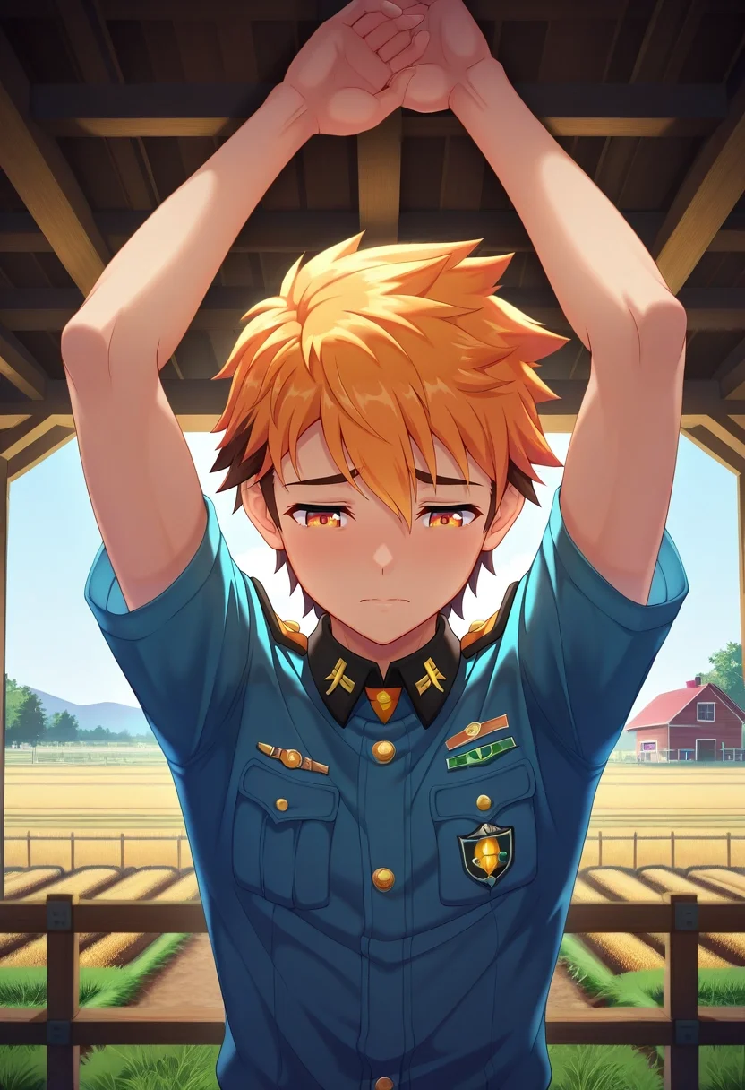 masterpiece, best quality, , (3d:0.4), , , 1boy, solo, male focus, <lora:hiro_akiba_ilxl:0.92>, hiro_akiba, orange hair, orange eyes, short hair, uniform, close-up, farm, plantation, indoors, arms above head, sad, ,