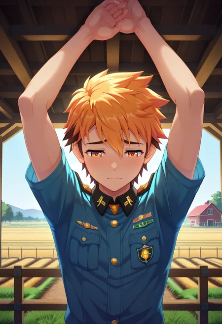 masterpiece, best quality, , (3d:0.4), , , 1boy, solo, male focus, <lora:hiro_akiba_ilxl:0.92>, hiro_akiba, orange hair, orange eyes, short hair, uniform, close-up, farm, plantation, indoors, arms above head, sad, ,
