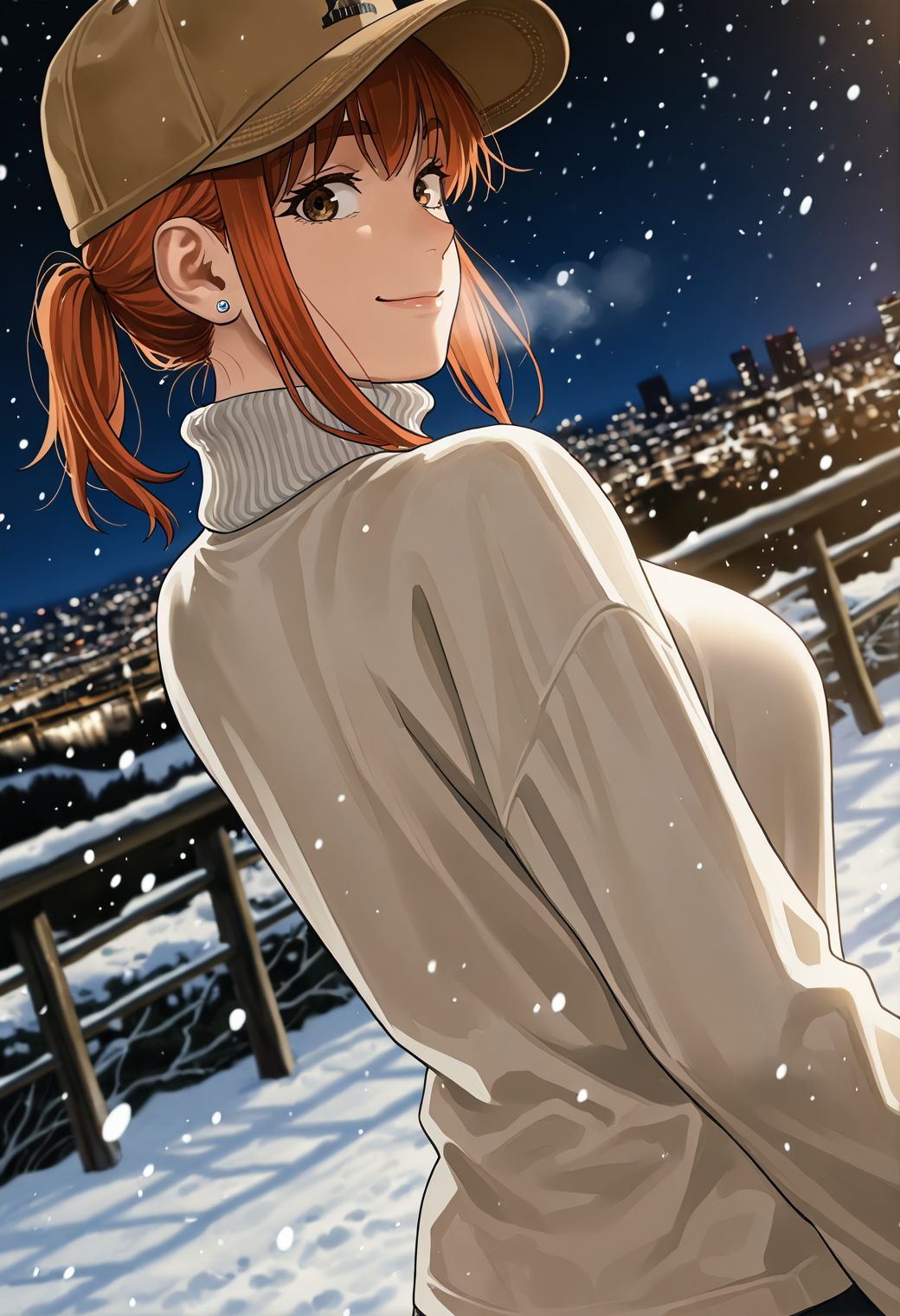 <lora:Kusano_Shizuku_Futari_Solo_Camp:1>,
1girl,ksh1zku,orange_ksh1zku_hair,brown_ksh1zku_eyes,female focus,earrings,medium hair,large breasts,brown eyes,
from behind, short ponytail, looking at viewer, teasing smile, looking back, baseball cap, white turtleneck, winter, night, snow, cityscape,
masterpiece,best quality,newest,absurdres,depth of field,anime screencap,detailed background,subsurface scattering,realistic shading,volumetric lighting,natural lighting,light particles,intricate details,good quality,very awa,highres,perfect proportions,perfect eyes BREAK
visual effects,shadow dutch angle,dynamic angle,dynamic action,atmospheric perspective,cinematic,intricately detailed illustration,amazing quality,very aesthetic