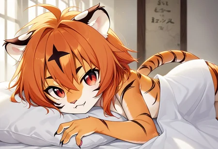 highres,anime screencap, anime coloring,official art,
highly detailed,
1female, t1a, furry, ginger hair, red eyes, in bed, undersheets, smiling, looking at veiwer, pov across bed, fangs, very awa, masterpiece,best quality,intricate details, very aesthetic, absurdres, no humans,