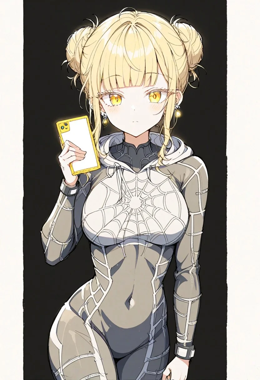 ybyg,toga himiko
1girl, solo, breasts, looking at viewer, short hair, bangs, blonde hair, holding, medium breasts, closed mouth, standing, yellow eyes, sidelocks, cowboy shot, earrings, hood, blunt bangs, hair bun, cosplay, double bun, bodysuit, covered navel, phone, piercing, cellphone, black background, messy hair, skin tight, smartphone, tsurime, holding phone, spider web print, narrowed eyes, hooded bodysuit,
simple background, background white sheet of paper,  traditional media,  petting, drawn with pencil, sketch, detailed lines,  sketch, manga page, manga style , pencil sketch style, soft shading, soft delicate features, colours on
