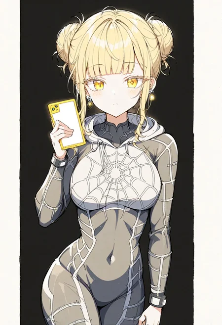 ybyg,toga himiko
1girl, solo, breasts, looking at viewer, short hair, bangs, blonde hair, holding, medium breasts, closed mouth, standing, yellow eyes, sidelocks, cowboy shot, earrings, hood, blunt bangs, hair bun, cosplay, double bun, bodysuit, covered navel, phone, piercing, cellphone, black background, messy hair, skin tight, smartphone, tsurime, holding phone, spider web print, narrowed eyes, hooded bodysuit,
simple background, background white sheet of paper, traditional media, petting, drawn with pencil, sketch, detailed lines, sketch, manga page, manga style , pencil sketch style, soft shading, soft delicate features, colours on