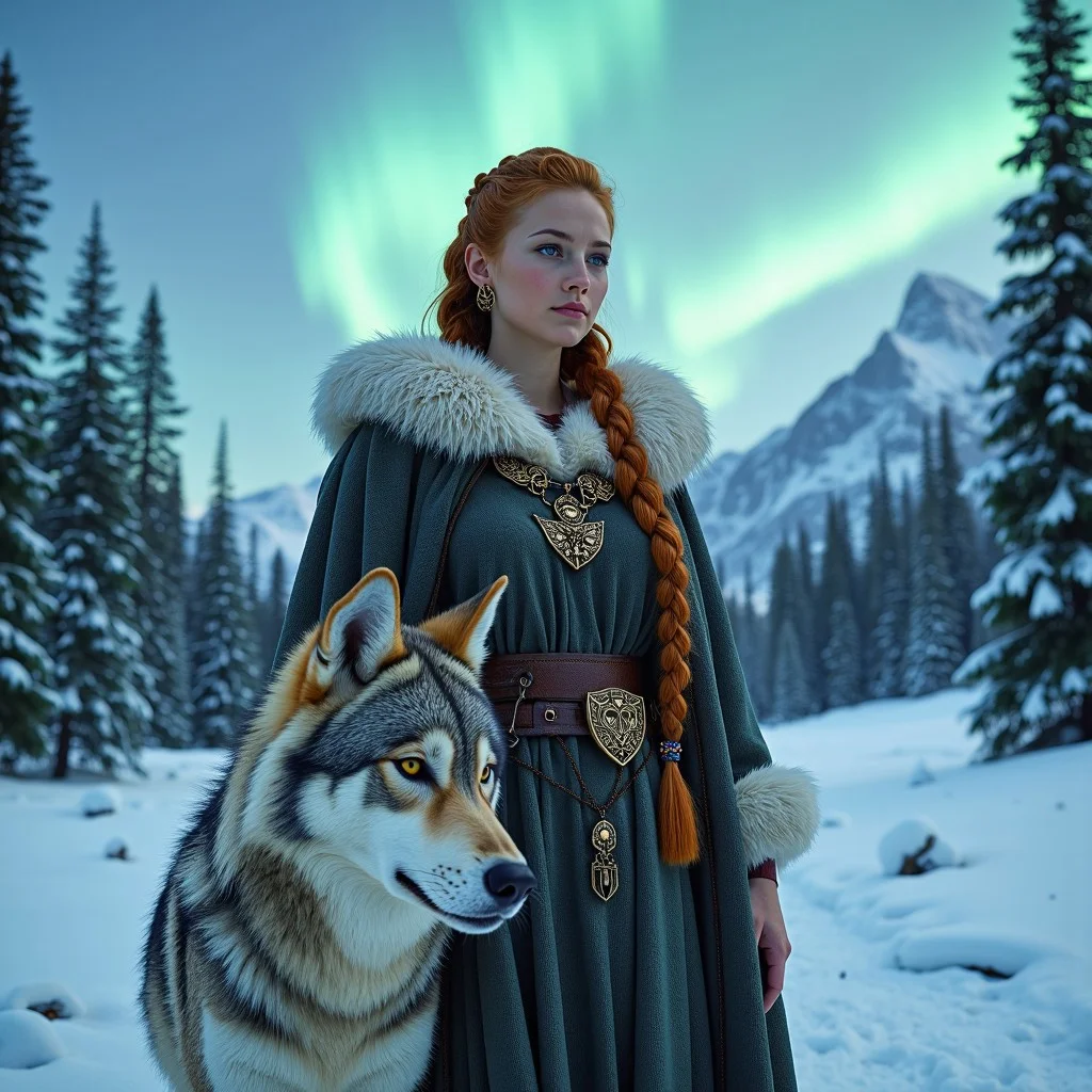 In a snowy Scandinavian valley, a striking scene unfolds beneath a crisp, blue winter sky and the ethereal dance of the aurora borealis. A powerful Viking woman stands proudly amidst the pristine landscape, her breath visible in the cold air. She is clad in traditional attire, including a thick woolen cloak fastened with an intricate bronze brooch, a finely woven linen underdress, and a leather belt adorned with ornate metalwork. Her long, reddish-blonde hair is partially braided and decorated with beads and charms, and her piercing ice-blue eyes reflect the stark beauty of her surroundings.
At her side stands a magnificent wolf, its thick gray fur blending seamlessly with the snowy backdrop. The wolf's striking golden eyes are fixed intently on the horizon, displaying a profound connection with the Viking woman. The valley is blanketed in fresh, untouched snow, sparkling under the sunlight and the aurora's gentle glow. Tall, snow-laden pine trees line the valley, their dark green needles contrasting sharply with the white landscape. In the distance, majestic mountains rise, their peaks shrouded in a soft, ethereal mist.
The interplay of light and shadow, the vivid colors of the aurora, and the intricate details of their attire and surroundings create a mesmerizing and unforgettable tableau, capturing the serene beauty and ancient power of this enchanting realm.
