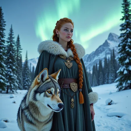 In a snowy Scandinavian valley, a striking scene unfolds beneath a crisp, blue winter sky and the ethereal dance of the aurora borealis. A powerful Viking woman stands proudly amidst the pristine landscape, her breath visible in the cold air. She is clad in traditional attire, including a thick woolen cloak fastened with an intricate bronze brooch, a finely woven linen underdress, and a leather belt adorned with ornate metalwork. Her long, reddish-blonde hair is partially braided and decorated with beads and charms, and her piercing ice-blue eyes reflect the stark beauty of her surroundings.
At her side stands a magnificent wolf, its thick gray fur blending seamlessly with the snowy backdrop. The wolf's striking golden eyes are fixed intently on the horizon, displaying a profound connection with the Viking woman. The valley is blanketed in fresh, untouched snow, sparkling under the sunlight and the aurora's gentle glow. Tall, snow-laden pine trees line the valley, their dark green needles contrasting sharply with the white landscape. In the distance, majestic mountains rise, their peaks shrouded in a soft, ethereal mist.
The interplay of light and shadow, the vivid colors of the aurora, and the intricate details of their attire and surroundings create a mesmerizing and unforgettable tableau, capturing the serene beauty and ancient power of this enchanting realm.