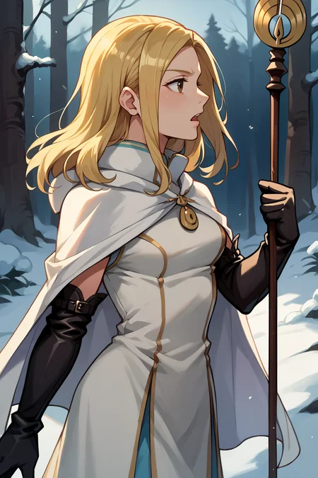 score_9, score_8_up, score_7_up, score_6_up, source_anime BREAK 1girl, solo <lora:ophilia-pdxl-nvwls-v1-000005:1> ophilia, blonde hair, long hair, brown eyes, white cape, white dress, long dress, black elbow gloves, boots, holding staff, profile, serious, open mouth, forest, winter, night