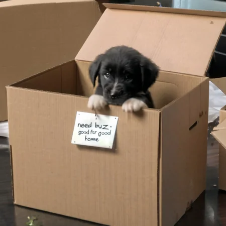 sad puppy in box with a sign saying "Need buz for good home"