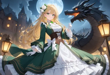 1girl,solo,
(score_9,score_8_up,score_7_up, source_anime,rating_all),anime,
BREAK
looking back,
black dragon,lantern,castle,holding parasol,
<lora:lom-andrey-hall-pony6-xl-flyingdeer-e13p-r1:0.75>,
AndreyHall,
blonde hair,long hair,wavy hair,
hair ornament,(hair flower, white rose),
green eyes,
necklace,jewelry,
(bow, white bow),
(gloves, white gloves),
green gemstone,
white ascot,
brooch,frills,lace trim,
(dress, green dress, white dress),
corset,
(long sleeves, wide sleeves),
fantasy,