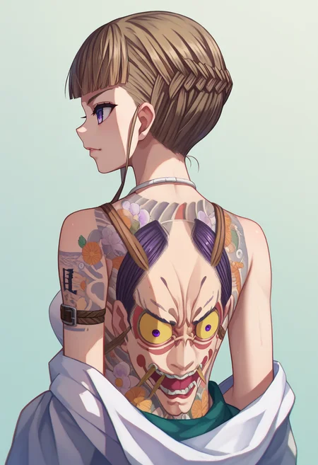 score_9, score_8_up, score_7_up,  hannya tattoo, back tattoo, 1girl,  <lora:Hannya tattoo-000008:1>   <lora:Nemu DoRA:1> Manaka Nemu, braided hair, purple eyes, sidelocks,