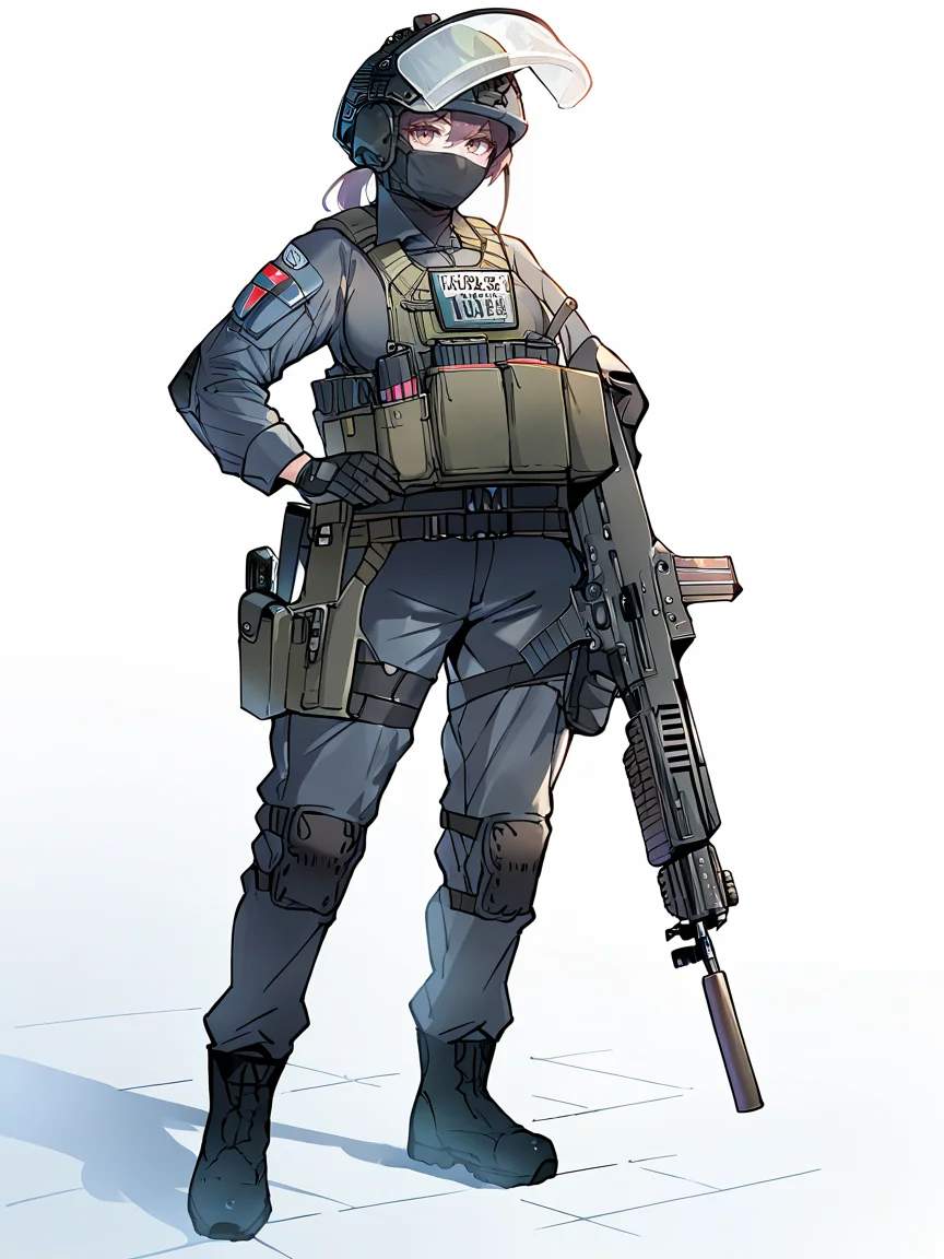 score_9, score_8_up, score_7_up, score_6_up, score_5_up, <lora:tacticalclothesXLP:1>tactical clothes, 1girl, weapon, gun, solo, gloves, rifle, holding weapon, holding, mask, holding gun, helmet, assault rifle, military, boots, white background, black gloves, full body, looking at viewer, pants, hand on hip, black footwear, tactical clothes, uniform, standing, mouth mask, radio, bulletproof vest, pouch, military uniform, trigger discipline