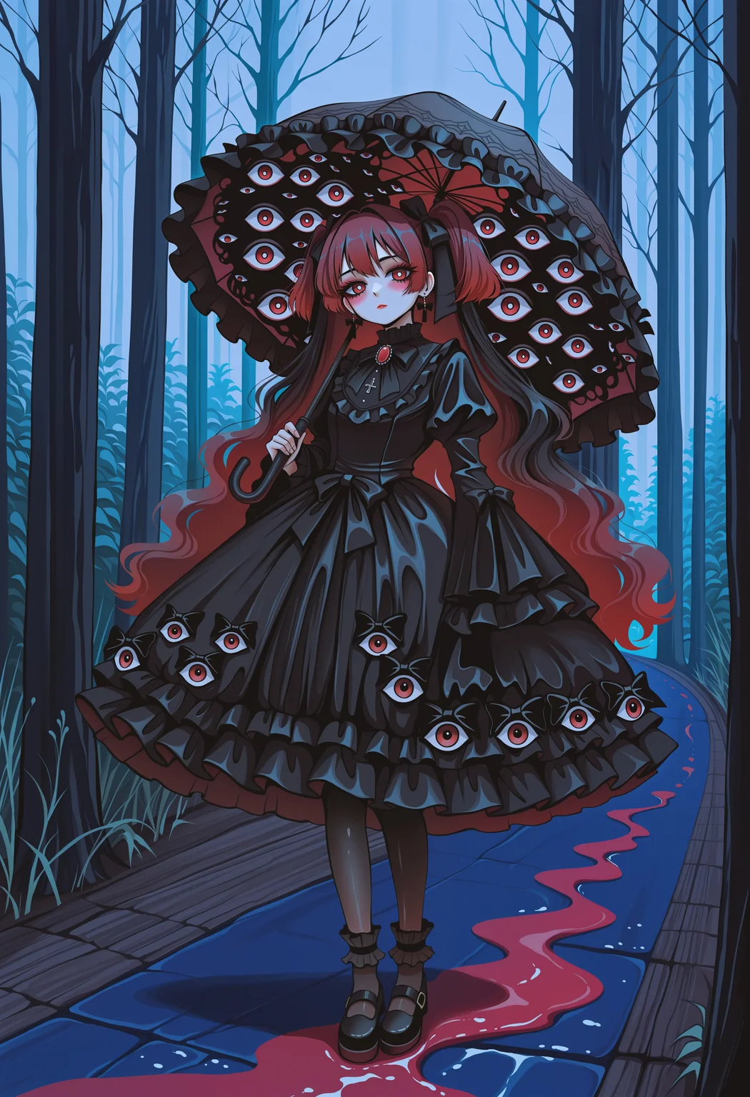 MF9f, dhjs, bnl0, aGl0, traditional media, abstract, abstract background, painting \(medium\), no lineart, surreal, liquid,
1girl, gothic_lolita, black hair, red hair, very long hair, wavy hair, two side up, hair bow, red eyes, bright pupils, two-tone hair, gradient hair, two-tone hair, hair ornament, masterpiece, best quality, absurdres,
(horror \(theme\), eldritch abomination), disembodied eyes, extra eyes, too many eyes, eyes on clothes, eyes on skirt, (empty eyes),
gothic, gothic_lolita, black dress, frilled dress, layered dress, blouse, showgirl skirt, puffy sleeves, long sleeves, wide sleeves, frilled sleeves, sleeves past fingers, too many frills, too many bows, ribbons, earrings, brooch, jewelry, black pantyhose, frilled socks, shoes,
lipstick, red lips, fake eyelashes, blush, gothic makeup,
outdoors, night, (dark), overcast, path, forest, bare trees, fog,
solo, full body, looking at viewer, expressionless, parasol, holding umbrella, frilled umbrella