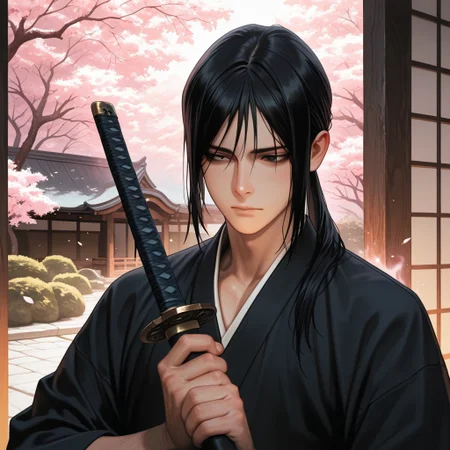 masterpiece, best quality, amazing quality, absurdres, newest, detailed background, definition so sharp, Ultra-HD, 8K cinematic, very awa, impressionate, amazing quality, highres,
solo, male focus, manly,
kurohyatogami, kuroh_black hair, kuroh_black eyes, 1boy, low tied hair, long hair,
calm expression, gentle gaze, holding sword \(sheathed\), traditional japanese garden, cherry blossoms, soft lighting, peaceful, protective, serene, cool, warm aura