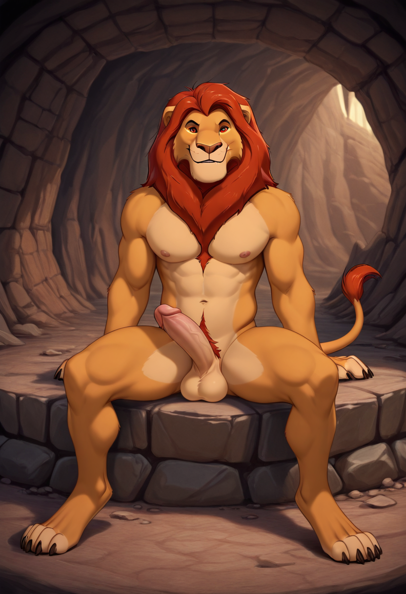 (anthro:1.4), solo,
cave background, stone wall and mountains in the background,
(mufasa:1.4, Lion:1.2), ymale, red hair, light brownish gold fur, yellow sclera, red eyes, claws, clawed paws, fangs, smiling, confident, sitting, penis, balls,
 <lora:Furry_Lora_Mufasa_Lion_King:0.6>