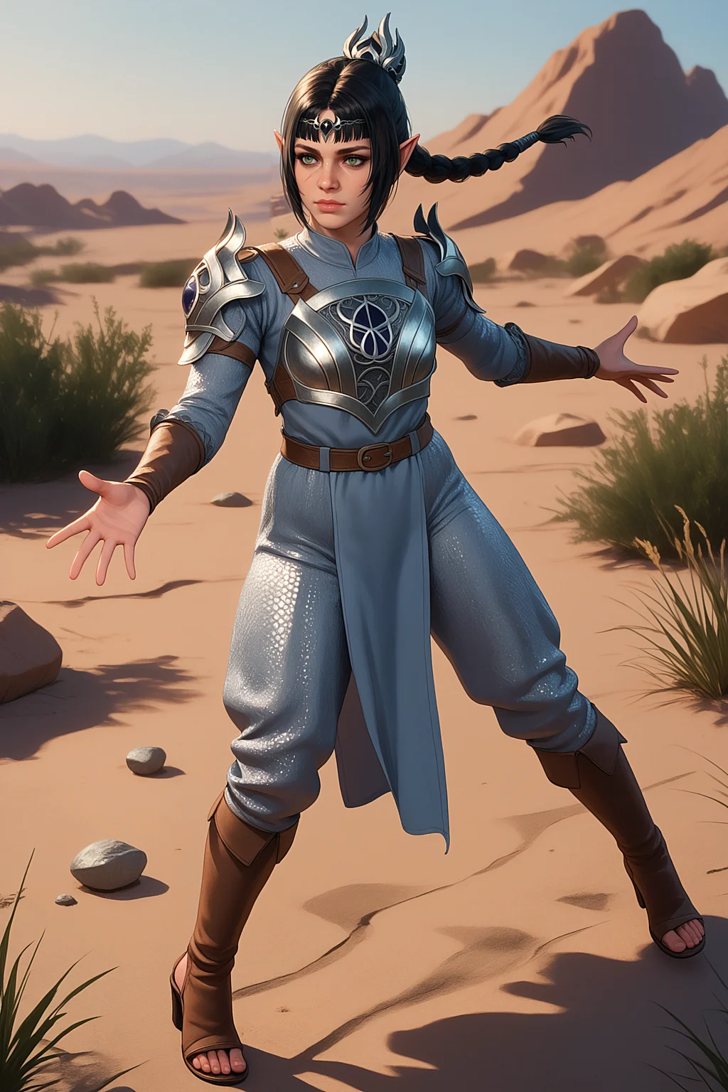 5h4rt, cl3r1c, score_9, score_8_up, score_7_up, 1girl, portrait, reaching, desert, sandstorm, silver jumpsuit, high heel sandals, hot pink thigh highs, silver belt, <lora:5h4rt:1.0>