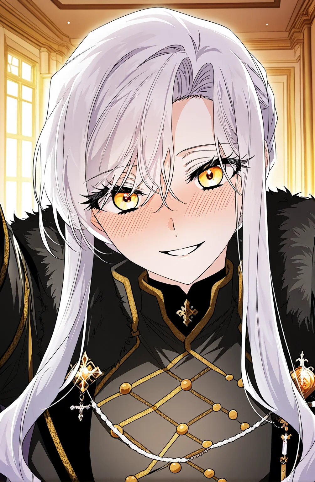 <lora:Sigrid__Sigrid__Illustrious v2:1>
Sigrid, 1girl, solo, long white hair, golden eyes, black military uniform, golden decorations, fur-trimmed cape, black gloves, serious expression, elegant, formal, sigrid_black_ceremonial_uniform
score_9, score_8_up, score_7_up, score_6_up, source_anime, rating_explicit, 1girl, solo, smile, embarrassed, alcalose eyes, open mouth, mansion, indoors, looking at viewer, outstretched arms, pov, close-up, (head tilt:1.2)