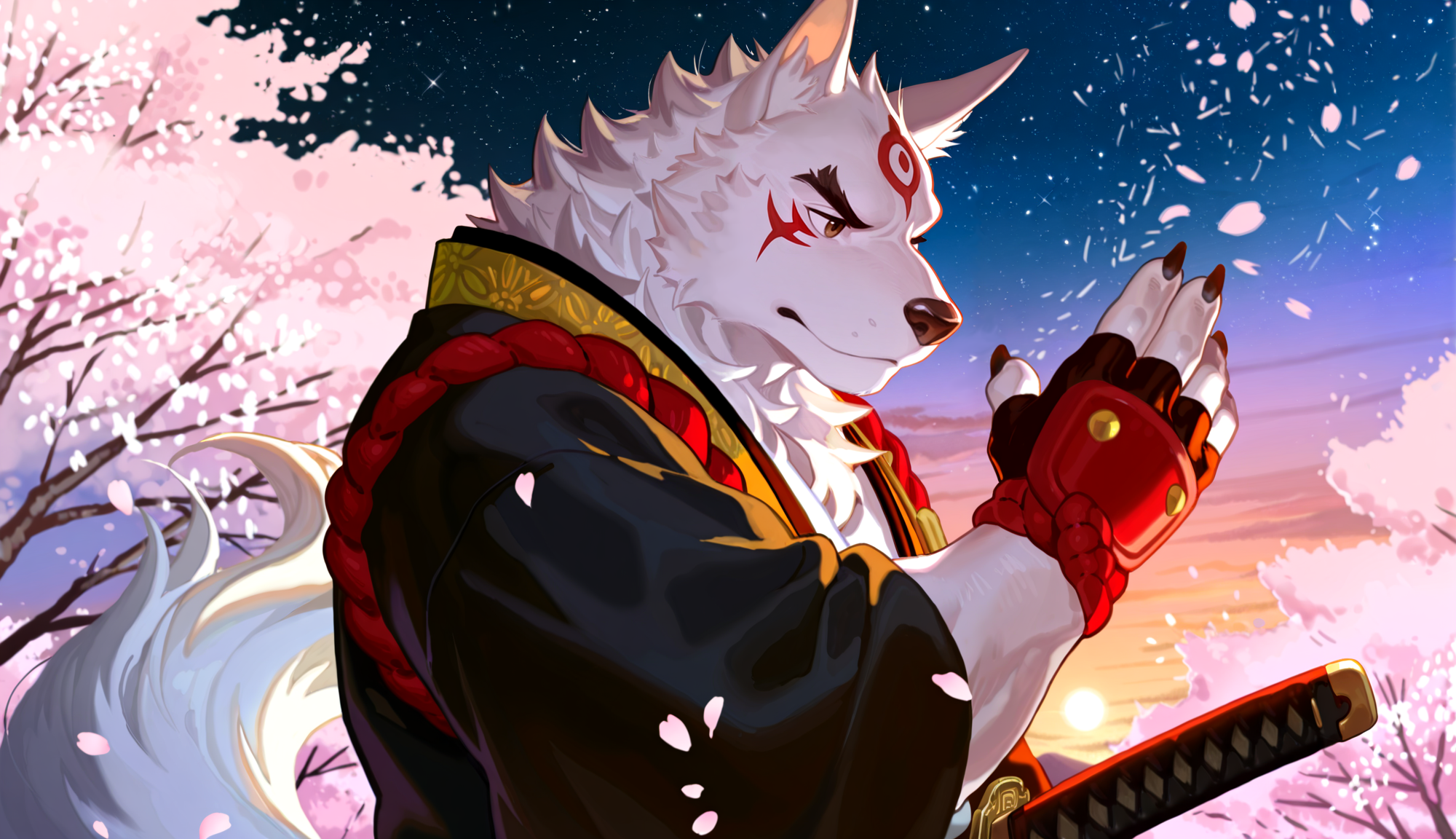 score_9,score_8_up,score_7_up,score_6_up,large eyes,expressive eyes,detailed background,detailed cel shading,countershading,fluffy fur,fur texture,delicate details,precise facial features,detailed eyes,ultra quality,hi res,masterpiece,best quality,amazing quality,very aesthetic,
best quality,newest,masterpiece,absurdres,highres,safe,male furry,bara,Muscles,perfect anatomy,(masterpiece, best),2023,2024,SmoothNoob_Quality,Soft fur,detail fur,
Ronin,samurai,Chodachi,cherry blossoms,long 1sword,Iai slash,firm eyes,falling cherry blossoms,flying cherry blossom petals,loot at you,Ronin clothes,attack stance,(5finger),claws,dream scene,starry sky,(sunset:0.35),
<lora:null-ghost_2_IL_r2:0.45>,nu119h05t2,<lora:zoroj_IL_2:0.25>,20r0j_2,[(by [fuzichoco|Mika Pikazo|artist:yoneyama mai],<lora:noobai_epred_11_artists_v11:0.8>):0:0.1],Face you,<lora:noobai_vpred_1_masterpieces_v23:0.5>,<lora:MeMaXL5 Type B Vpred Noob:0.5>,<lora:epskult2k:0.2>,face to you,<lora:NOOB_vp1_detailer_by_volnovik_v1:1>,