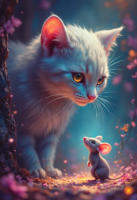 From the perspective of a cute little mouse looking at a cute cat that looks gigantic from it's point of view, the cat looks down at the mouse curiously, colorful, magical, Vibrant Glow