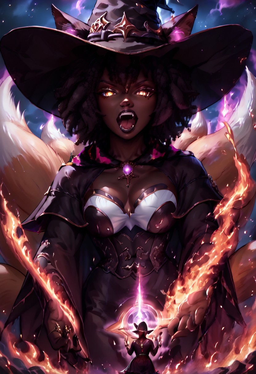 safe_pos, (score_9, score_8_up, score_7_up), 8K, (best quality:1.2),
((1girl)),
dark skin, black hair, perfect beautiful face, (very short round afro: 1.8), (((Kitsune)), (Fox ears:1.6), ((fox tail:1.6)), ((nine tails:1.6)), long fox tails), saddle brown tails:1.6, black fur tips: 1.6), glowing yellow eyes, cat pupils, open mouth showing teeth, fangs, seductive look, beautiful woman, giantess, close up, 

large round breasts, tall torso, small round ass, 
black lipstick, silver jewelry, ornate necklaces with glowing purple gem stones, purple and black loosely laced shirt, goth outfit, black thigh high laced boots, white and gold corset, tight black leather skirt, black finger nails, black leather boots, (witch hat:1.4), purple flames, (Spell rings, (dark aura)), black fire, black hole in hands, holding black holes, (dark forest theme), 
out of focus luminous fire in background