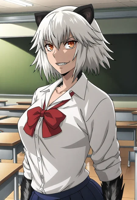 masterpiece, best quality, newest, absurdres, very aesthetic, digital painting, hitomiuzaki, ratel_form, 1girl, looking at viewer, animal ears, claws, fur, shirt, red bowtie, blue skirt, contrapposto, classroom, <lora:hitomiuzaki-illu-v2:0.8>
