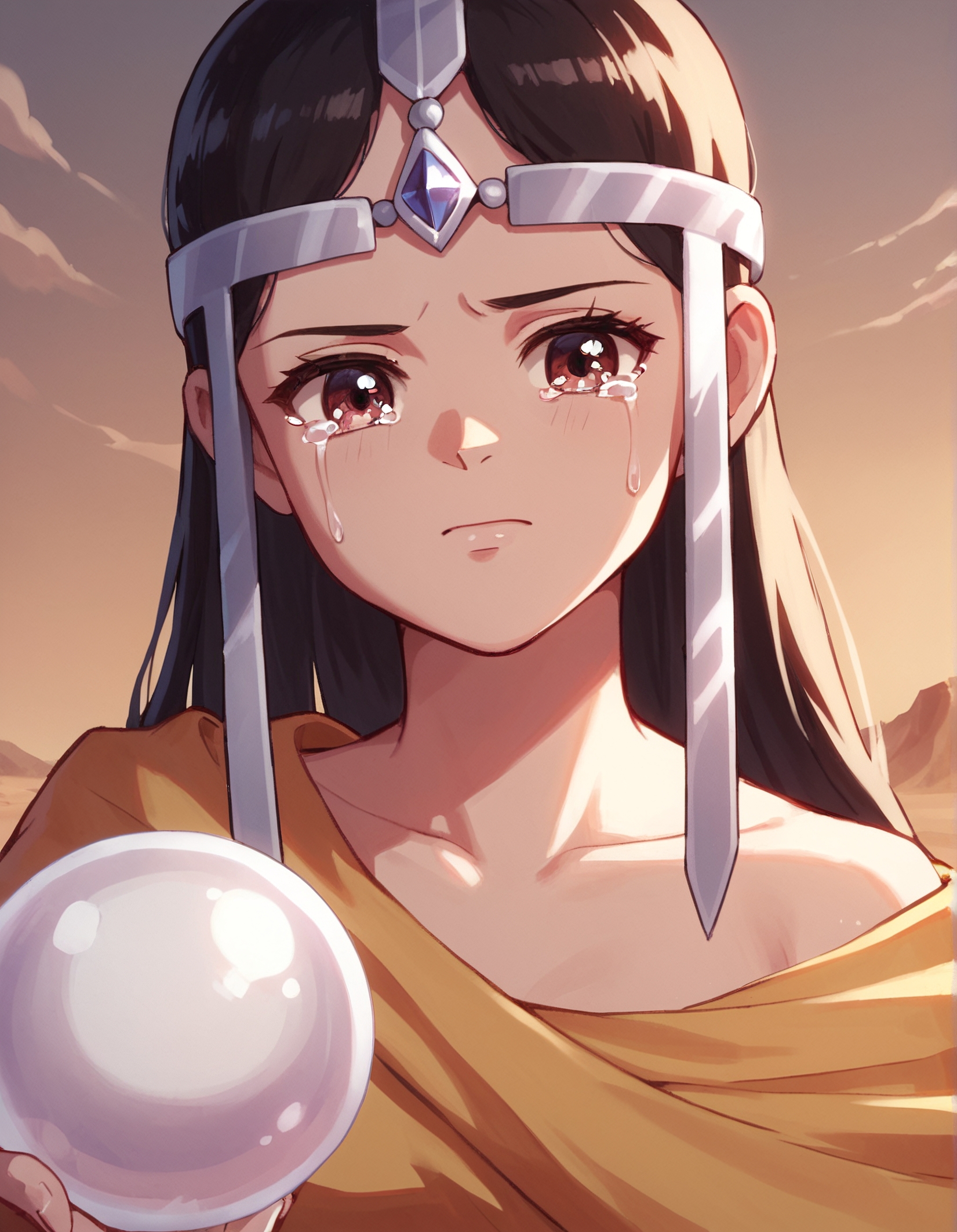 score_9, score_8_up, score_7_up,score_6_up,high resolution,upper body,mrl,1girl,in a desert,dress,circlet,volumetric lighting,rim lighting,dof,dramatic shadow,looking at viewer,standing,crystal ball,close-up,dynamic pose,looking at viewer,pov,front view,hand on hips,crying