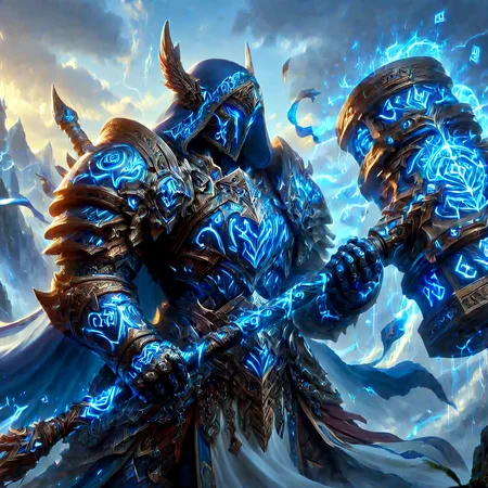 best quality, realistic photo of A stalwart paladin of light, full body, clad in ornate shining armor adorned with intricate runes, hood, glowing rune armor, surging power,radiant blue aura, stands tall with a fierce determination in their eyes, His hand grips a giant two-handed glowing rune battlehammer adorned with ancient symbols of power and protection, The paladin's armor glimmers with a soft divine light as if imbued with the radiance of the heavens, detailed background. The runes on his weapon and armor seem to pulse with a life of their own as if channeling the power of the gods. The background is a stylized mystical landscape of rolling hills and towering mountains bathed in a warm golden light that seems to emanate from the paladin's presence. The runes on the weapon and armor glow with a soft blue light as if infusing the paladin with the power of the elements, dynamic, huge weapon, clear, detailed ,intricate details, legendary, complex, highly structured, colorful, extremely aesthetic, cinematic, sharp focus, great composition, epic, fantastic colors, surreal, artistic, elegant, perfect, glowing runes, glowneon, masterpiece,
<lora:add-detail-xl:2.0>, <lora:glowneon_xl_v1:0.6> , <lora:Flash_Glowing_Runes_SDXL:0.9>,<lora:BattlehammerV2:0.8> , <lora:detailed_notrigger:1>
<lora:hand 4:0.8> Hand