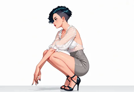 solo, 3/4 profile, kat_prime, squatting, red lips, 1woman(black pixie cut, shaved sides, white silk blouse, grey pencil skirt, 6" closed toe high heels, very long manicured nails)