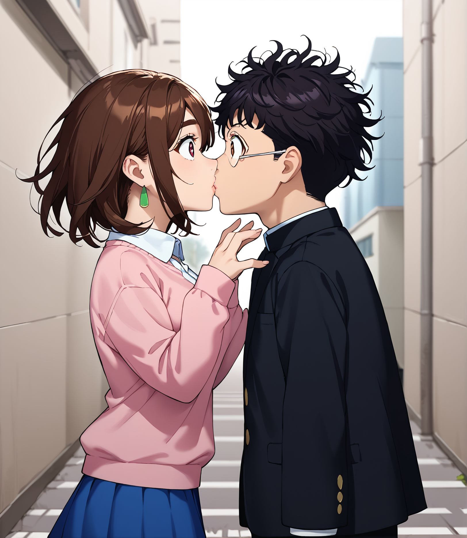score_9, score_8_up, score_7_up, anime screencap, source_anime, 
accidental kiss, kiss, 1boy, 1girl, hetero, cute, (surprised), small pupils, !,  standing,  ( from side:1.4), face to face,(wide-eyeds), pain,hurt,Lips collide and it hurts,walking,!!,
<lora:Accidental_kiss_Pony:1>
school, daytime, outdoors, window,door,white background, simple background, School entrance corridor,
BREAK
accidental kiss, kiss, 1boy, 1girl, hetero, cute, (surprised), small pupils, !,  standing,  ( from side:1.4), face to face,(wide-eyeds), pain,hurt,Lips collide and it hurts,walking,!!,
<lora:Momo_Ayase_Dandadan_V2:.85>, KJOmomo, brown hair, dark eyes, medium hair, hair between eyes, thick eyebrows, green earrings,
white collared shirt, oversized pink pullover, long sleeves,  blue short skirt, untucked shirt,
(Beautiful, medium Breasts:1.2), 
BREAK
accidental kiss, kiss, 1boy, 1girl, hetero, cute, (surprised), small pupils, !,  standing,  ( from side:1.4), face to face,(wide-eyeds), pain,hurt,Lips collide and it hurts,walking,!!,
black hair, brown eyes, glasses, round eyewear <lora:ken-ponyXL-v0.5:0.7>
((black gakuran)), messy hair, ((black school uniform)),  long sleeves, black  sleeves,