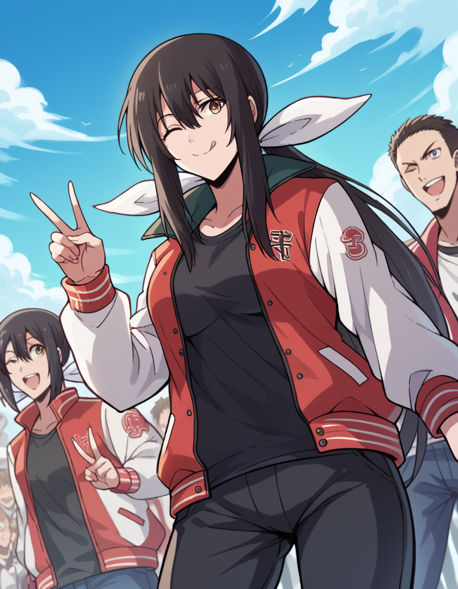 score_9, score_8_up, score_7_up, source_anime, <lora:uchika-hanesaki-s1-ponyxl-lora-nochekaiser:1>, uchika hanesaki, long hair, black hair, ribbon, brown eyes, hair ribbon, sidelocks, large breasts,, <lora:letterman-jacket-ponyxl-lora-nochekaiser:1>, letterman jacket, jacket,, outdoors, crowd, people, v, v over eye, one eye closed, tongue out, smile, beanie, pants, open clothes, open jacket, , dutch angle, cowboy shot