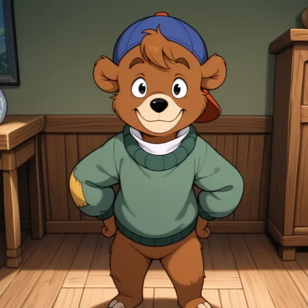 masterpiece, best quality, amazing quality, k1tcl0ud, male, furry male, solo, young, bear, brown fur, short hair, black eyes, black nose, tan muzzle, claws, short, blue and red cap, white collar, green sweater, yellow patch, standing, smile, hands on hips, looking at viewer, indoors, living room