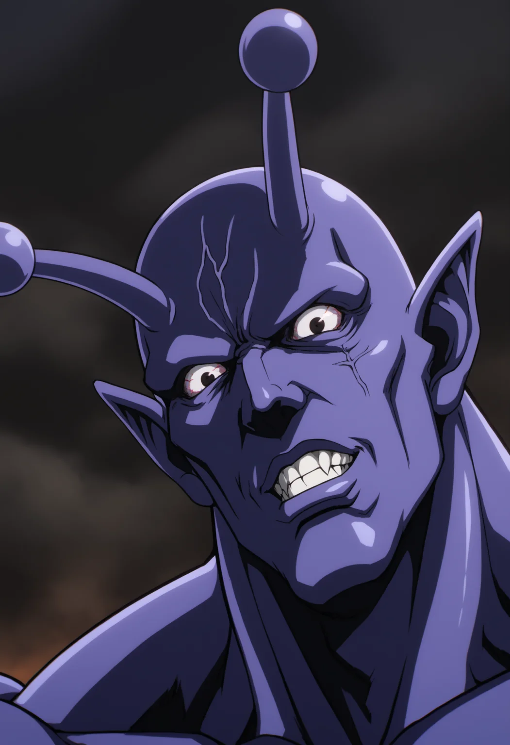 1boy, solo_focus, vaccineman_onepunchman, monster, purple skin,black eyes, pointy ears, white_sclara, antennae, veiny, score_8_up, score_7_up, score_6_up, score_9, manly, muscular, stocky body, big muscle, big arms, middle-age man, a man on ruin street, broken building, dark sky, centered, face_focus, detailed eyes, 8k uhd, high quality, fight pose, front view, evil_grin, smile, close up