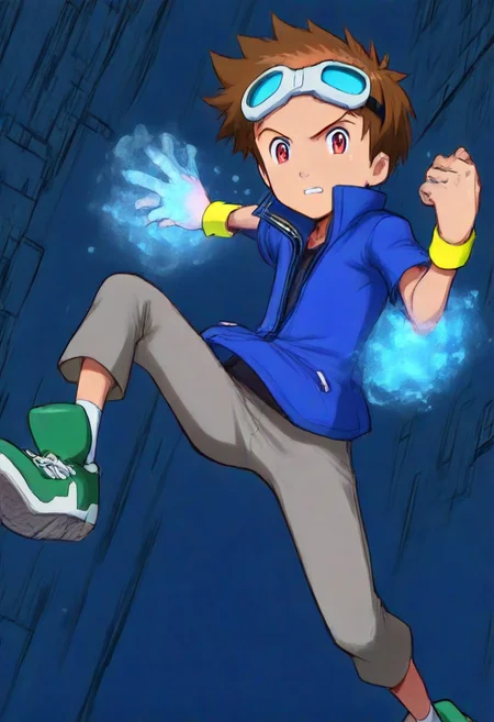 (score_9, score_8_up, score_7_up), source_anime, parted lips, serious, solo, looking at viewer,dynamic pose, detailed, 1boy, male focus, TakatoM, 1boy, solo, brown hair, red eyes, goggles on head, blue hoodie, yellow wristband, grey pants, white socks, green shoes with white accents,  best quality, amazing quality, best aesthetic, absurdres, masterpiece, , best quality, amazing quality, best aesthetic, absurdres, masterpiece, ,sharp focus, perfect hands, perfect face, perfect eyes,  Cyberspace, (matrix inspired landscape:1.2), (hologram:0.6), (astral travel:.3), (cyberpunk art:0.8), ((created by glowing magical energy in cyberspace)), cyberpunk netrunner's digital world, (digital concept art:0.8)