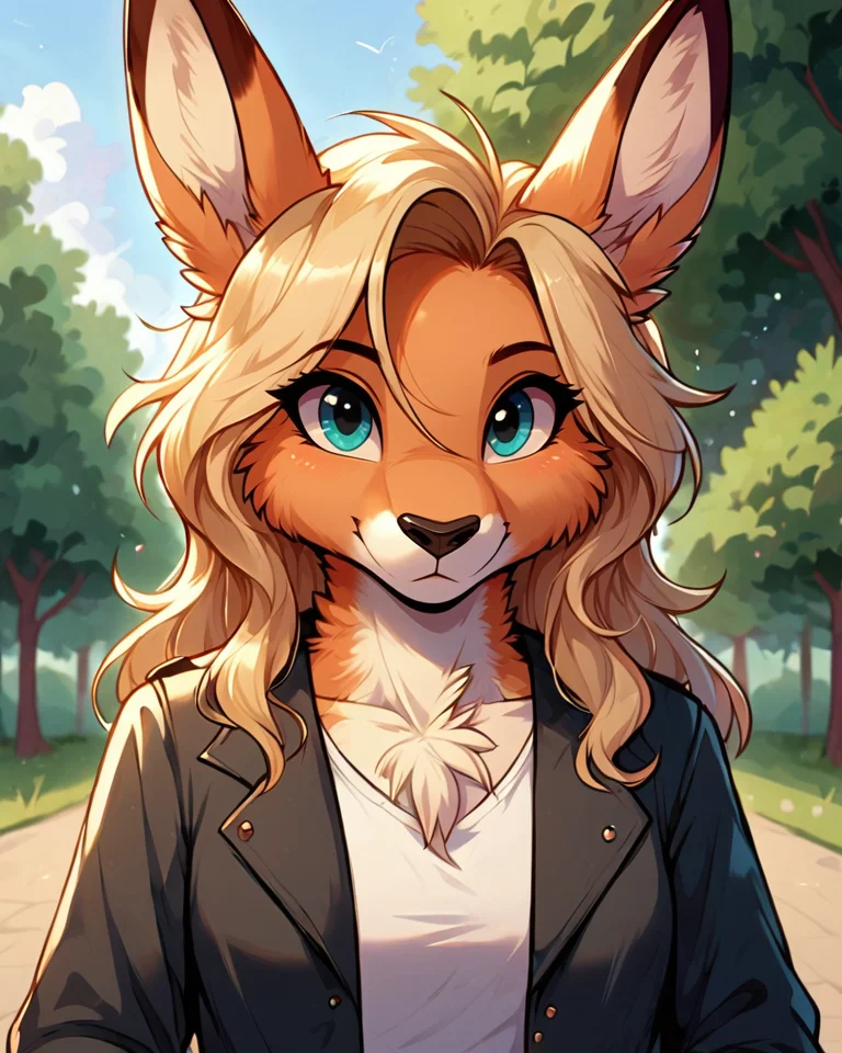 score 9, score 8 up, 1girl, masterpiece, <lora:MegaFluffyPonyV2:1> megafluffypony, fluffy, furry, Kangaroo, medium shot, outdoors, clothes