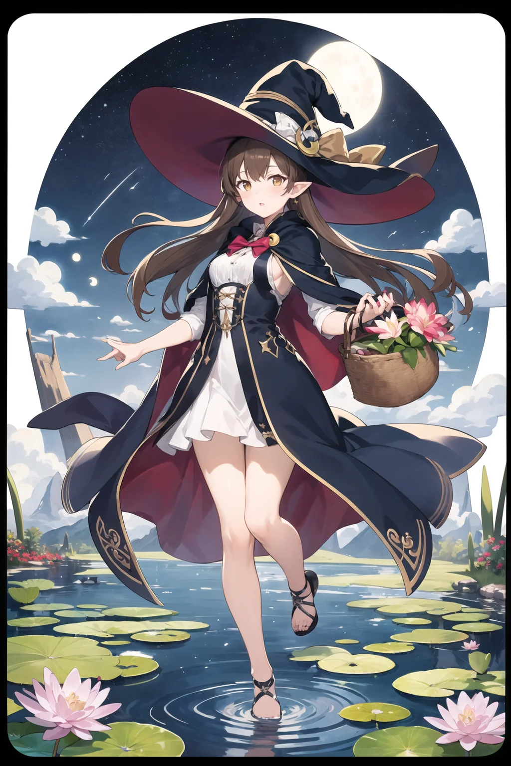 masterpiece, best quality,1girl,adjusting clothes,adjusting headwear,basket,blush,bow,bowtie,breasts,brown eyes,brown hair,cloak,cloud,cloudy sky,crescent moon,dress,fantasy,flower,full body,glowing,glowing flower,hat,light particles,lily pad,long hair,looking at viewer,moon,moonlight,mountain,mountainous horizon,night,outdoors,parted lips,pointy ears,pond,sky,small breasts,staff,star (sky),starry sky,very long hair,wading,water lily flower,wicker basket,wind,witch,witch hat, <lora:tachi-e:1>, tachi-e, white background, full body, border, outside border