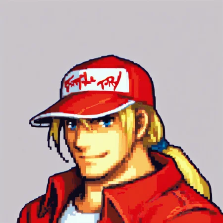 source_anime, fegbaportraits, portrait, white background, solo, male focus, 1boy, TerryBogard, blonde hair, ponytail red cap, trucker hat, blue eyes, red jacket, white shirt, smile, verybadimagenegative_v1.3, score_9, score_8_up, score_8, single view, flat color,